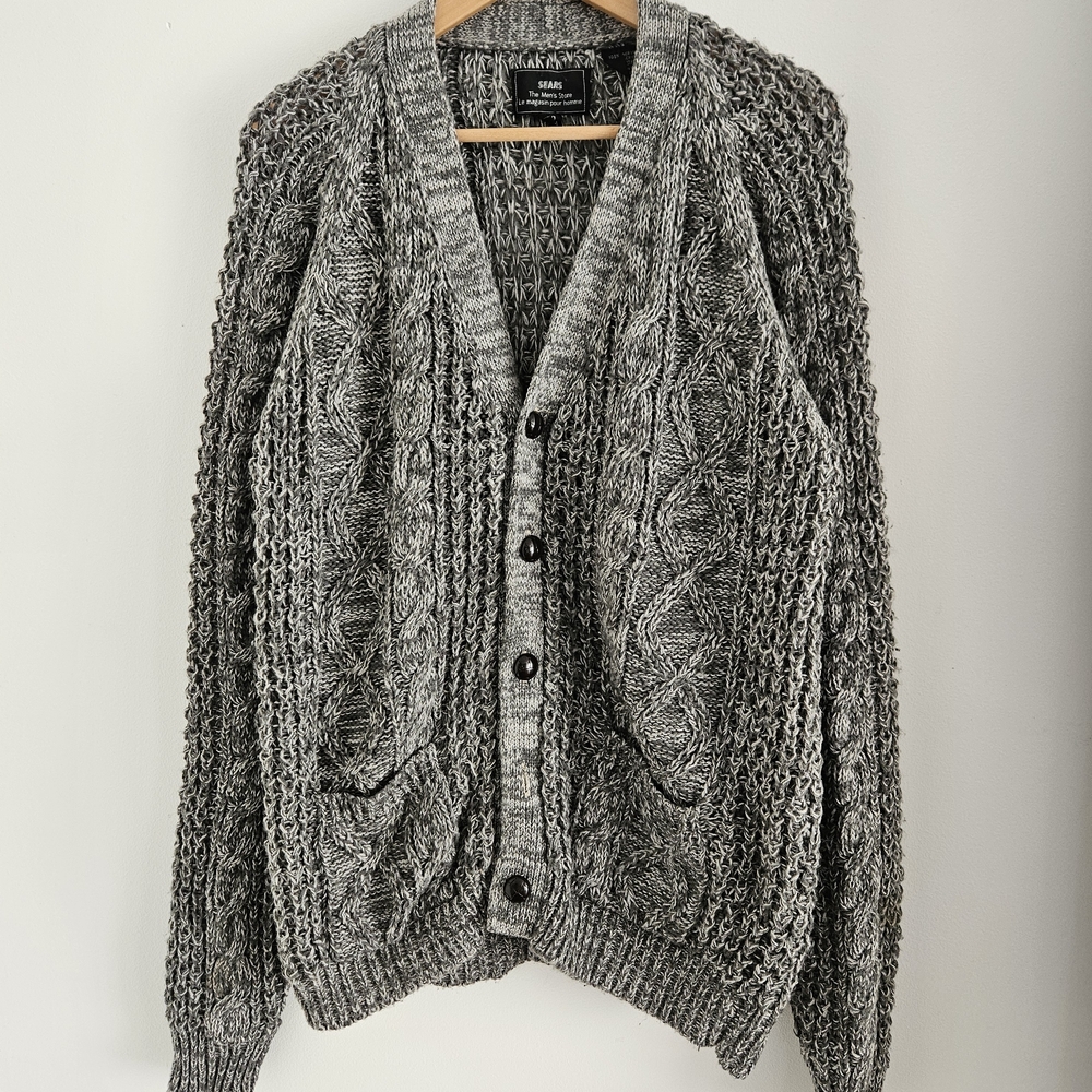 80s Sears Mens Store Acrylic Cardigan Textured Gray